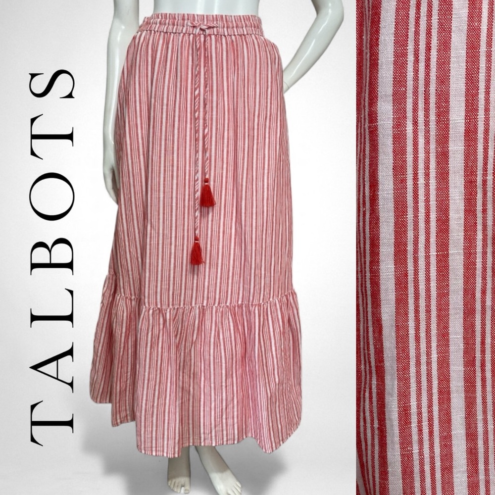 TALBOTS Red & White Striped Maxi A-Line Skirt Linen Cotton Blend Pockets Medium